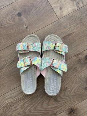 LoveShackFancy Pastel Floral Double-Buckle Slide Sandals